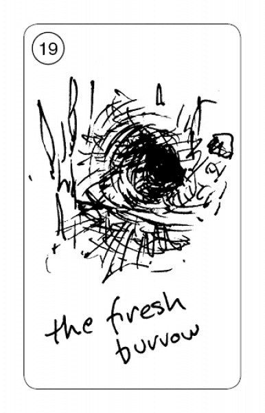 A black and white sketch of a dark, swirling tunnel labeled "the fresh burrow," with the number 19 in a circle, from Carrot Cards by Schiffer Publishing, Ltd.—an abstract image evoking mysterious paths in this unique rabbit wisdom deck.