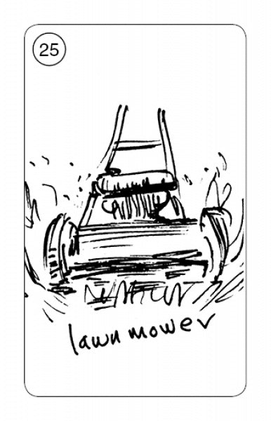 A black and white sketch of a lawn mower cutting grass, with "lawn mower" below and the number 25 in a circle at the top left, designed in the style of Carrot Cards by Schiffer Publishing, Ltd.