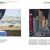 A two-page spread from Schiffer Publishing, Ltd.'s "Inspired by Elvis": left, a black dog with peacock feathers runs on a beach; right, a dog stands on a city street at night gazing up at a woman in a window. Text describes both quilt art pieces.