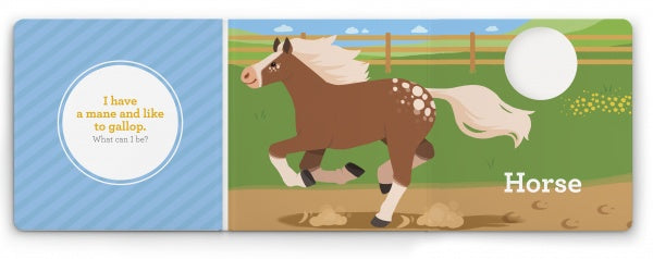 In "Think Farm Animals" by Schiffer Publishing, Ltd., toddlers and preschoolers explore a board book page featuring a brown horse with a white mane and spots galloping in a green field, prompting kids to guess: “Horse.”.