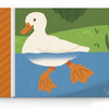 An illustrated page from Think Farm Animals by Schiffer Publishing, Ltd. shows a white duck swimming in a pond. This interactive board book introduces farm animals, perfect for toddlers and preschoolers who love to learn and explore.
