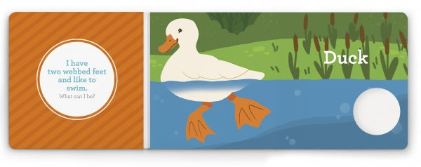 An illustrated page from Think Farm Animals by Schiffer Publishing, Ltd. shows a white duck swimming in a pond. This interactive board book introduces farm animals, perfect for toddlers and preschoolers who love to learn and explore.