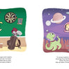 In "A Day in the Life of Peanut & Bosco" by Schiffer Publishing, Ltd., a girl and her dog imagine space adventures, stepping from a rocket onto a purple planet to meet a friendly green alien beneath stars and planets.