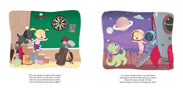 In "A Day in the Life of Peanut & Bosco" by Schiffer Publishing, Ltd., a girl and her dog imagine space adventures, stepping from a rocket onto a purple planet to meet a friendly green alien beneath stars and planets.
