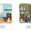 Two scenes from "A Day in the Life of Peanut & Bosco" by Schiffer Publishing, Ltd.: Left, a girl and black cat paint in a bright art room. Right, a witch and green cat mix potions in a spooky, candle-lit space—perfect for imaginative kids.