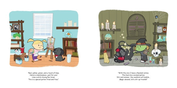 Two scenes from "A Day in the Life of Peanut & Bosco" by Schiffer Publishing, Ltd.: Left, a girl and black cat paint in a bright art room. Right, a witch and green cat mix potions in a spooky, candle-lit space—perfect for imaginative kids.
