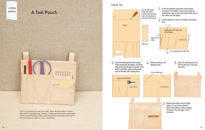 On the left is a Tanned Leather Hand-Made Bag from Schiffer Publishing, Ltd. with tools inside; on the right are detailed, illustrated instructions with step-by-step diagrams and guides for crafting the bag.