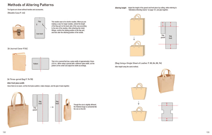 Instructional page from Schiffer Publishing, Ltd.'s Tanned Leather Hand-Made Bags shows how to alter tote bag patterns with diagrams for height, shape adjustments, sewing steps, and images of beige leather bags on a white background.