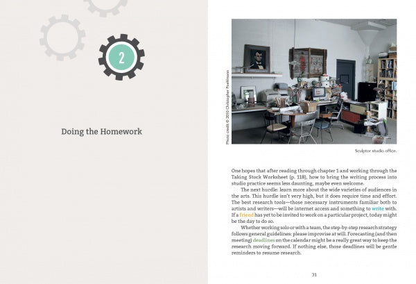 An open book from "Artists Write to Work" by Schiffer Publishing, Ltd. shows a gear icon, the number 2, and "Doing the Homework" on the left; on the right is a busy sculpture studio above tips for artist statements and writing for artists.