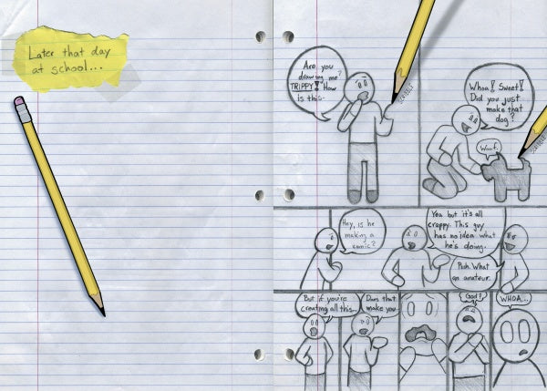 A scene from "Mega Awesome Notebook" by Schiffer Publishing, Ltd. shows stick figures on lined paper talking about a drawing of themselves, two big pencils—one in action—and a yellow sticky note that says: Later that day at school... Playful and fun!.