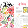A vibrant watercolor floral from The Art for Joy’s Sake Journal by Schiffer Publishing, Ltd. appears on the left, while floral-accented text on the right shares the story behind the Big Dahlia art print’s joyful origins.