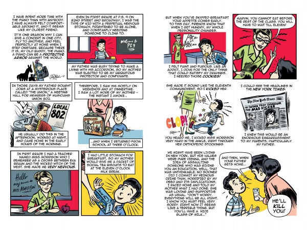 A colorful graphic novel page from "Marvin" by Schiffer Publishing, Ltd. shows a woman recalling her musician father through illustrated memories—family moments, childhood, performances, newspaper headlines—with dialogue in speech bubbles.