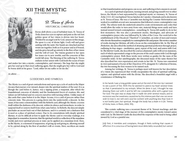 An open guidebook, "Pistis Sophia" by Schiffer Publishing, Ltd., displays two pages: the left page titled “XII THE MYSTIC (THE HANGED MAN)” features a section on St. Teresa of Ávila; both pages are filled with dense, mystical text.