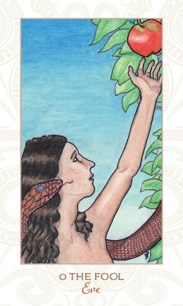 A woman with long brown hair reaches for a red fruit as a snake coils around her. Blue sky and leaves surround the scene. Below, text reads “Pistis Sophia” from Schiffer Publishing, Ltd.'s Majors-only Tarot deck.
