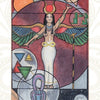 A tarot card, Pistis Sophia by Schiffer Publishing, Ltd., shows Isis with outstretched arms, wings, and headdress, surrounded by symbols, the moon, and geometry against a cosmic background in this Majors-only Tarot deck.