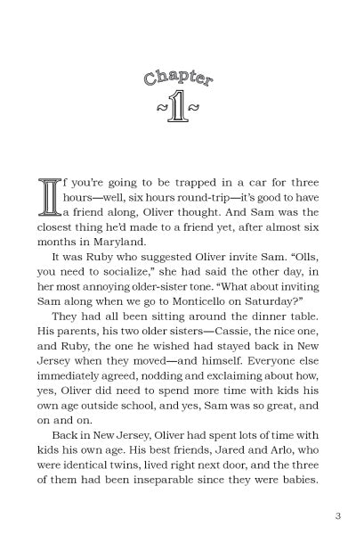 On page 3 of "Thomas Jefferson and the Return of the Magic Hat" by Schiffer Publishing, Ltd., Oliver discusses weekend plans with his family, talks magic hats with friends Jasper and Arlo, and gets a trip invite from Ruby.