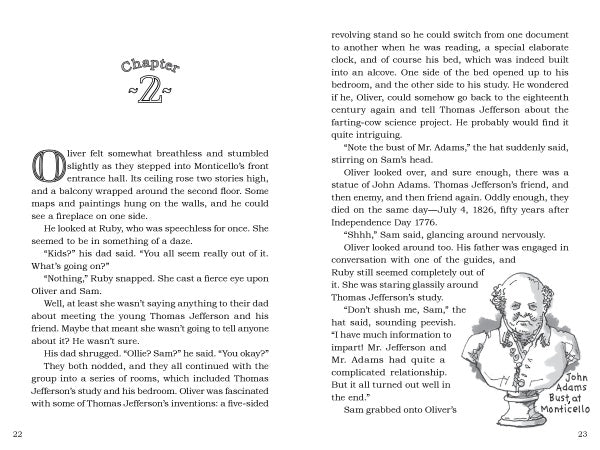 A book spread from "Thomas Jefferson and the Return of the Magic Hat" by Schiffer Publishing, Ltd. shows Chapter 2 text and an illustration of John Bustill in old-fashioned clothes, possibly holding a magic hat. The drawing appears on the right page.