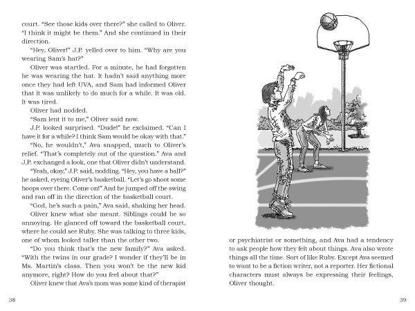 Two kids play on an outdoor basketball court—one in a magic hat shoots as the other watches, with a third by the hoop. The black-and-white scene features text from Thomas Jefferson and the Return of the Magic Hat by Schiffer Publishing, Ltd.