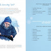 A watercolor illustration shows an older man in a blue coat and hat examining a black scarf. The opposite page from "Snowflake Science" by Schiffer Publishing, Ltd. lists materials for kids' snowflake and meteorology experiments.