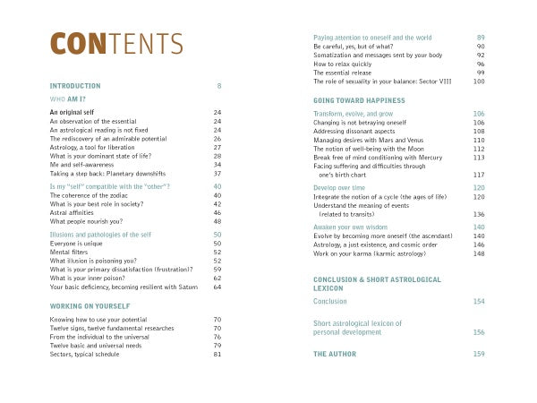 A table of contents page from the book "Astrotherapy" by Schiffer Publishing, Ltd. shows section titles—Introduction, Personal Development, Astrotherapy, Happiness, Conclusion—in black and light blue, arranged in two columns with page numbers.