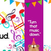 A vibrant image from Schiffer Publishing, Ltd.’s "My Big Birthday Party" shows opposites for kids: left—Loud with bright notes, middle—purple strip saying “Turn that music down,” right—Quiet with muted notes and a party hat bear for vocabulary learning.