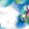 Antoinette the Tree Frog naps on a lily pad near a pink water lily in a sunlit Monet-inspired pond. From Schiffer Publishing, Ltd., perfect for children's art books or First Steps in Art. Text is on the left side of the image.