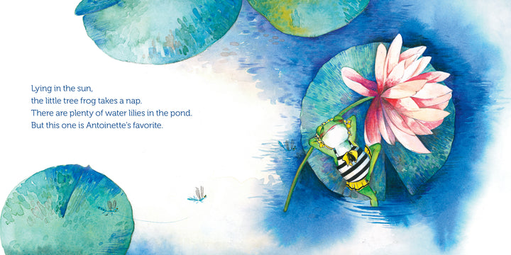 Antoinette the Tree Frog naps on a lily pad near a pink water lily in a sunlit Monet-inspired pond. From Schiffer Publishing, Ltd., perfect for children's art books or First Steps in Art. Text is on the left side of the image.