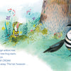 A lively, colorful illustration from "Antoinette the Tree Frog" by Schiffer Publishing, Ltd. shows a magpie in a straw hat near a willow tree, glancing at Antoinette the frog hidden among grass and flowers—a Monet-inspired scene perfect for children’s art books.