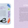 A two-page spread from "A Purr-fect Painting" by Schiffer Publishing, Ltd. shows cut paper shapes and scissors on the left, with Matisse and his cat La Puce, and an author note on his creative process on the right.