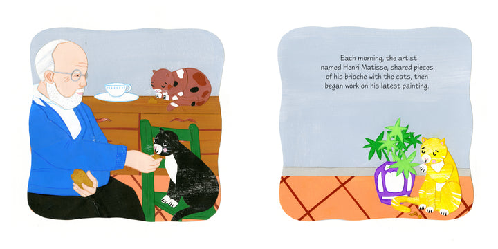 An older man with glasses feeds bread to a black and white cat, while a brown cat eats from the table. Inspired by Artists and Their Animals, A Purr-fect Painting by Schiffer Publishing, Ltd. features Matisse feeding his cats near an orange cat by a potted plant.