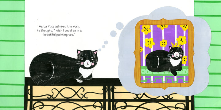 A black and white cat lounges on a balcony, imagining itself in "A Purr-fect Painting" from Schiffer Publishing, Ltd.—a vibrant, ornate artwork with yellow flowers. A thought bubble links the cat to the scene as text appears beside it.
