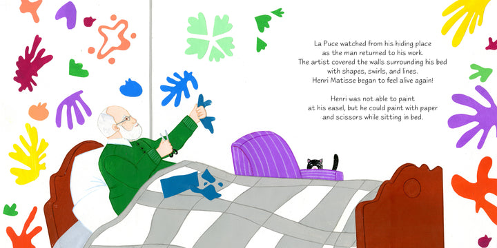 An elderly man with glasses cuts blue paper shapes in bed, surrounded by colorful cut-outs, as a black cat peeks from a purple chair. Info on Henri Matisse and his art appears—perfect for Schiffer Publishing’s "A Purr-fect Painting.