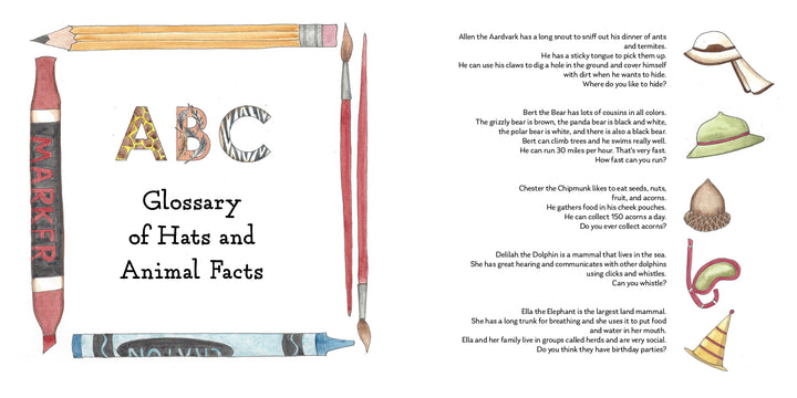 Wild Animal ABC by Schiffer Publishing, Ltd. features a colorful, crayon-bordered page with animal poems and hat illustrations next to each rhyme—an ideal ABC book promoting kindness and fun facts for kids.