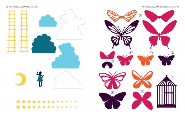 Little Paper Universes" by Schiffer Publishing, Ltd. features a whimsical 3-D paper scene with yellow ladders, clouds, a crescent moon, colorful butterflies, stars, and a birdcage—perfect inspiration for creative paper art projects.