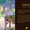A rabbit alchemist pours liquid into a cup amid potions and mystical décor. On the right, text describes the Alchemist message from the Secret Woods intuitive healing cards by Schiffer Publishing, Ltd.