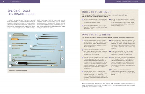 A page from "Modern Splicing" by Schiffer Publishing, Ltd. shows braided rope splicing tools arranged on the left and descriptions of modern push/pull techniques on the right, with headings and text in purple and black.