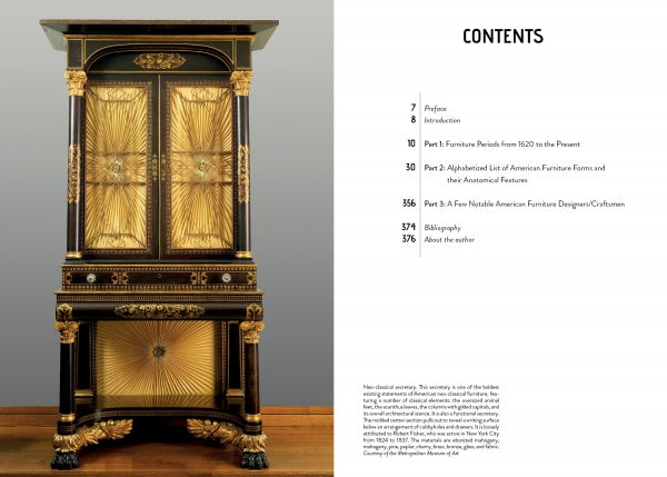 An ornate gold and black antique cabinet with intricate details stands on a wooden floor to the left; to the right is the table of contents for "American Furniture Anatomy" by Schiffer Publishing, Ltd.
