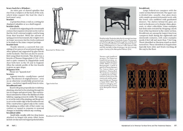 A two-page spread from Schiffer Publishing’s "American Furniture Anatomy" features illustrations and photos of antique American furniture—chairs, table, bracket, foot, large wooden cabinet—with text explaining styles and design details.