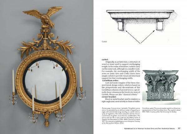 On the left, "American Furniture Anatomy" by Schiffer Publishing, Ltd. features a photo of an ornate gold mirror with eagle and candles; on the right are black-and-white architectural sketches and corbel definitions.