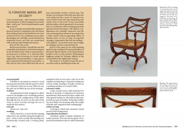 A spread in "American Furniture Anatomy" by Schiffer Publishing, Ltd. explores furniture-making as art or craft, showing an ornate antique chair and offering detailed info on American design, chair components, and restoration methods.