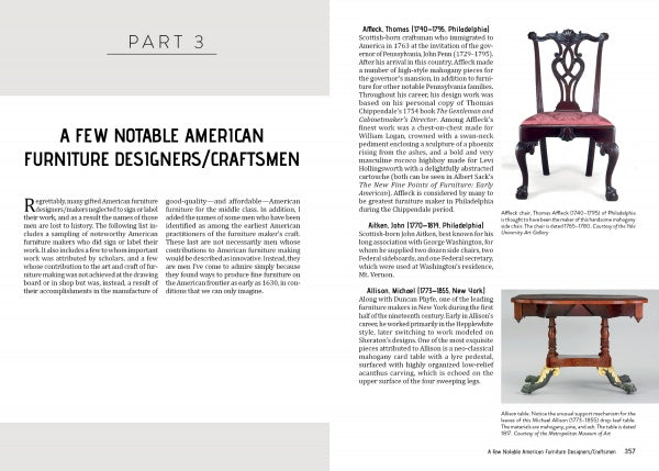 Two pages from "American Furniture Anatomy" by Schiffer Publishing, Ltd. showcase text on notable American furniture designers and photos of antique wooden chairs and a table with ornate carvings and upholstery.