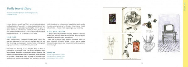 A two-page spread in The Little Drawing Workshop by Schiffer Publishing, Ltd. invites readers to keep a travel journal and practice drawing basics with hand-drawn sketches of fruit, flowers, bees, and more.