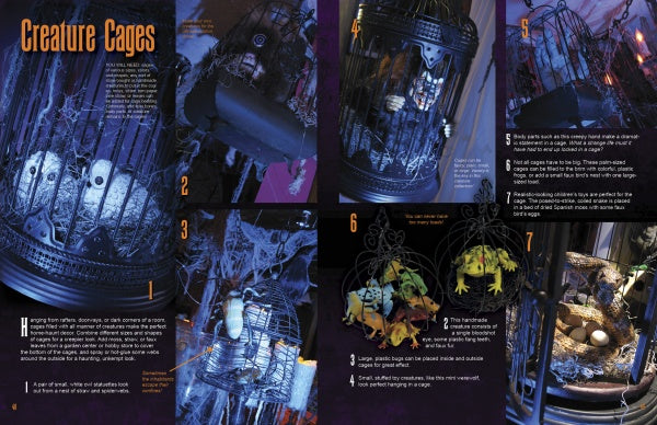Best of How to Haunt Your House, Volume II by Schiffer Publishing, Ltd. features Creature Cages—Halloween DIYs for haunted houses, with spooky cage displays, skeletons, rats, cobwebs, and step-by-step instructions with numbered images.