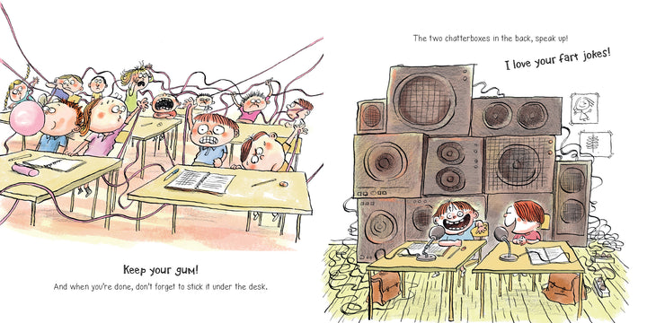 A classroom scene from "All the Things a Teacher Will Never Say" by Schiffer Publishing, Ltd.: kids chewing gum, blowing bubbles, sneaking gum under desks, and sharing silly jokes. Great for children's books or funny teacher gifts!.