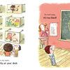 A teacher and kids admire wall art while a girl paints. On the right, in true "All the Things a Teacher Will Never Say" humor (Schiffer Publishing, Ltd.), a frustrated teacher stands by a chalkboard of messy math problems.