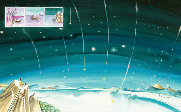 Inspired by Bimba Landmann, Maps of My Emotions by Schiffer Publishing, Ltd. depicts shooting stars over a calm lake, with graphic novel-style panels about children's emotional journeys as a figure sits on a cliff watching the starry sky.