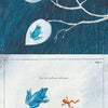 An illustration from Schiffer Publishing, Ltd.'s "Like a Tree" shows a blue frog on white leaves in the rain, exploring symmetries in nature and noting that larger frogs make lower sounds while smaller frogs have higher calls.