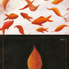 A group of orange goldfish, some leaf-shaped, swim on white with the words "I dance" in Schiffer Publishing's "Like a Tree." Below, a goldfish with a leaf tail swims on black, showing courtship and natural symmetry.