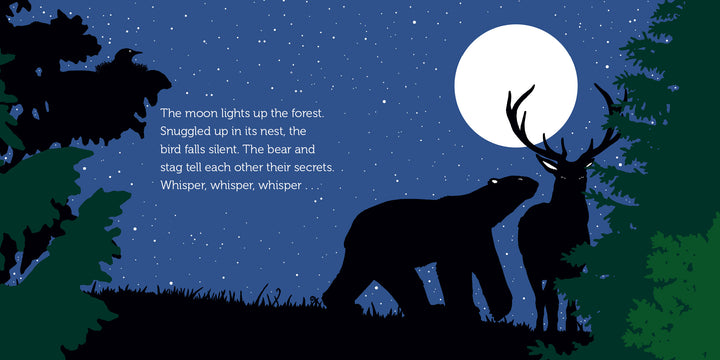 Illustration for The Journey of the Polar Bear by Schiffer Publishing, Ltd.: a bear and stag stand together in a moonlit forest, framed by trees and a bright full moon. Text inspired by François Pompon appears on the left.