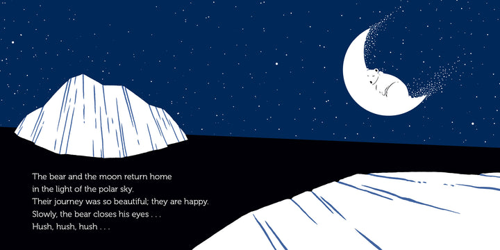 A polar bear, inspired by François Pompon, sleeps on a crescent moon in a starry sky above snowy hills. "The Journey of the Polar Bear" by Schiffer Publishing, Ltd., features the bedtime story: “The bear and the moon return home...”.